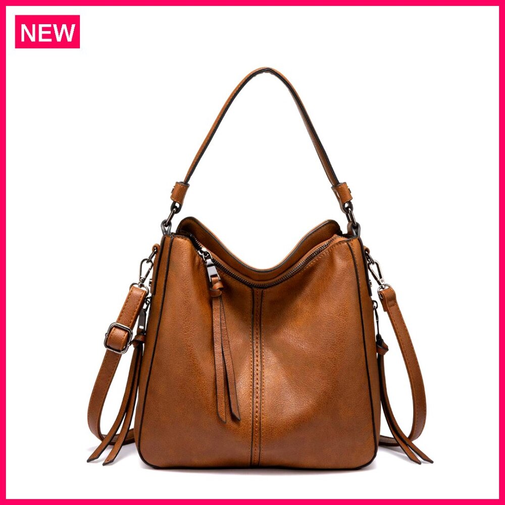 Large Faux Leather Hobo Crossbody Bag With Zipper Pockets And Adjustable Strap